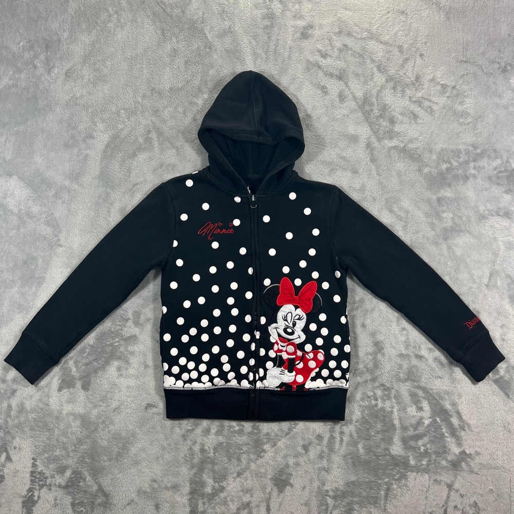 Minnie Mouse Hoodie Kids Size M Black Polka Dot Full Zip Hoodie Disney Parks